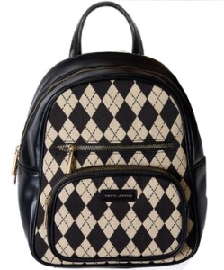 David Jones Argyle Pattern PU Leather Backpack 6891-3 BLACK
